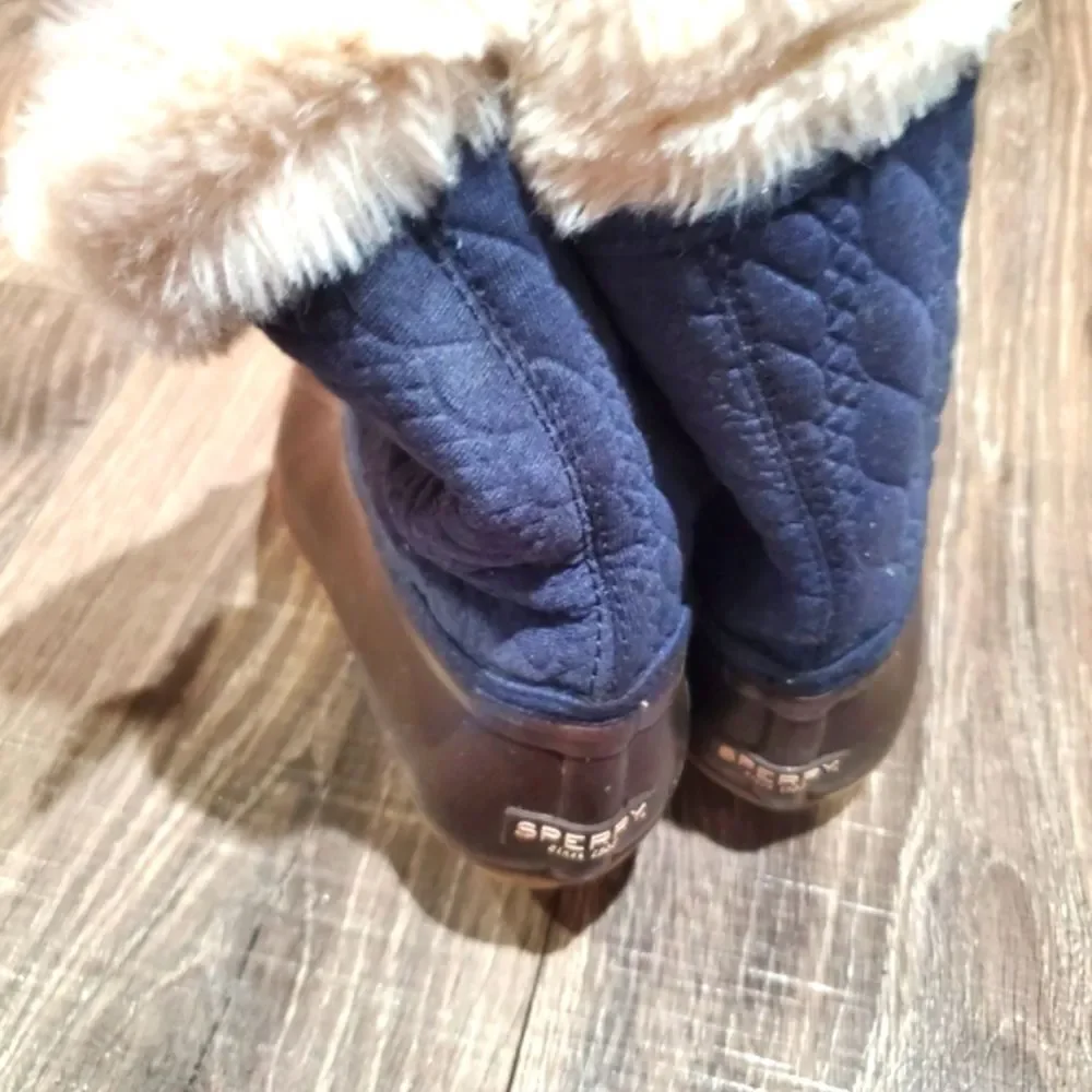 Girls Sperry Snow Boots Size 3 Kids' Brown and Navy Snow Boots with Faux Fur
